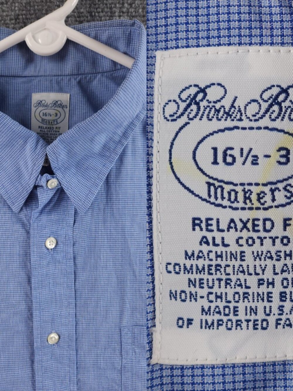 VTG Brooks Brothers Makers Tab Collar Check Men 16.5 33 Relaxed USA Cotton Blue